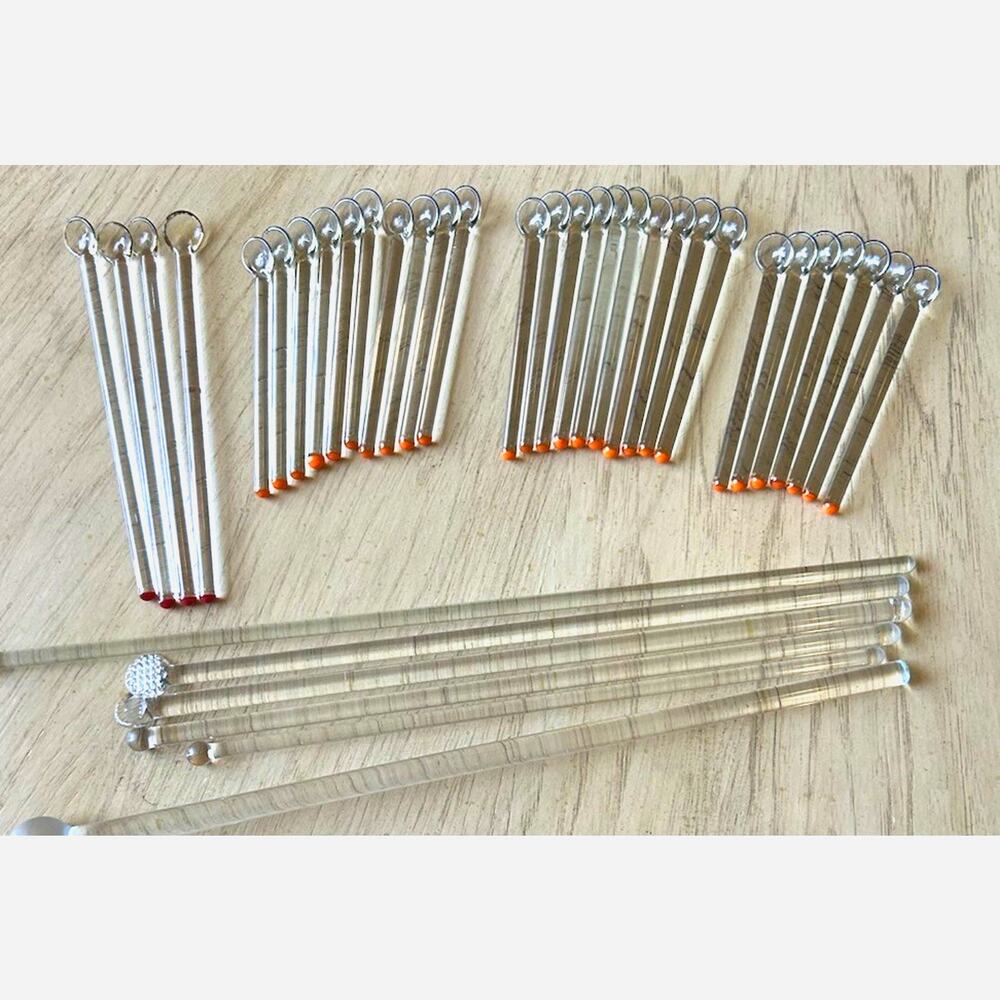 Vintage Glass Cocktail Stirrers Scoop Stir Stick 37 Set Long Red & Orange Tipped